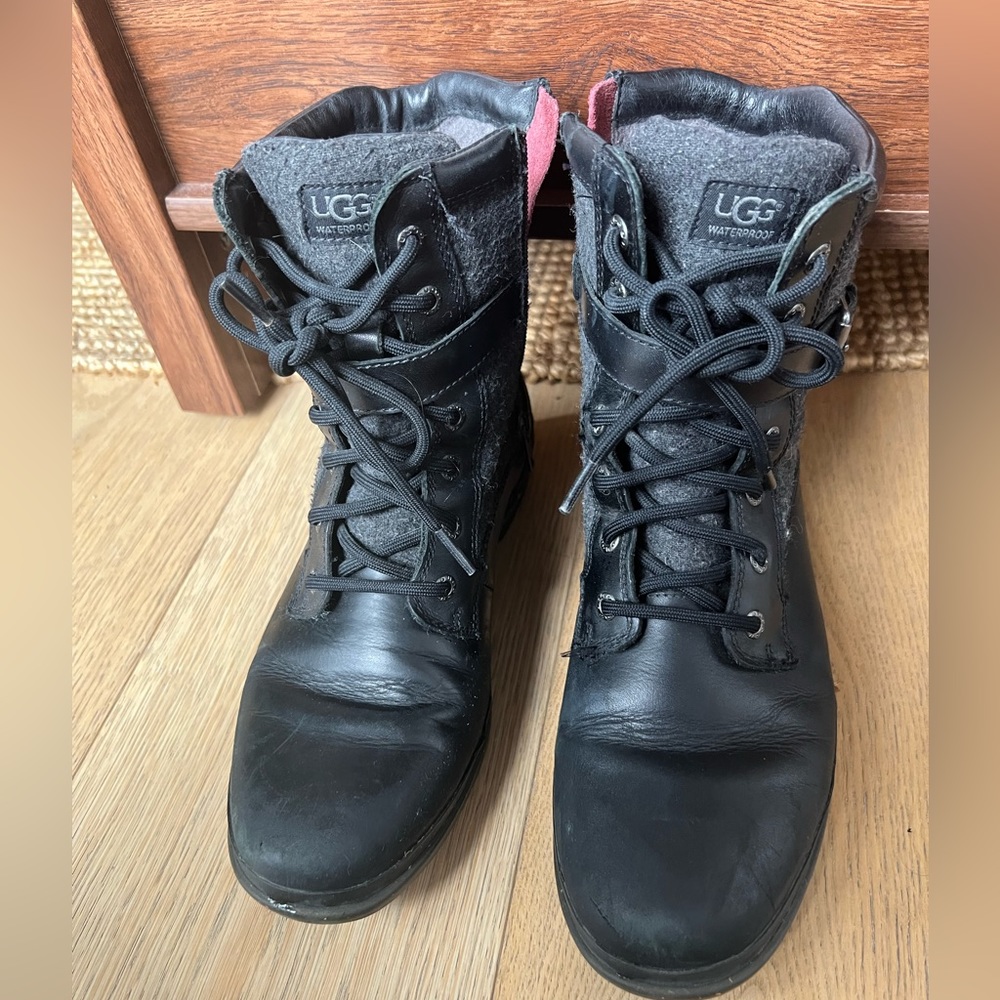 Black UGG winter waterproof combat boots, women’s size 9